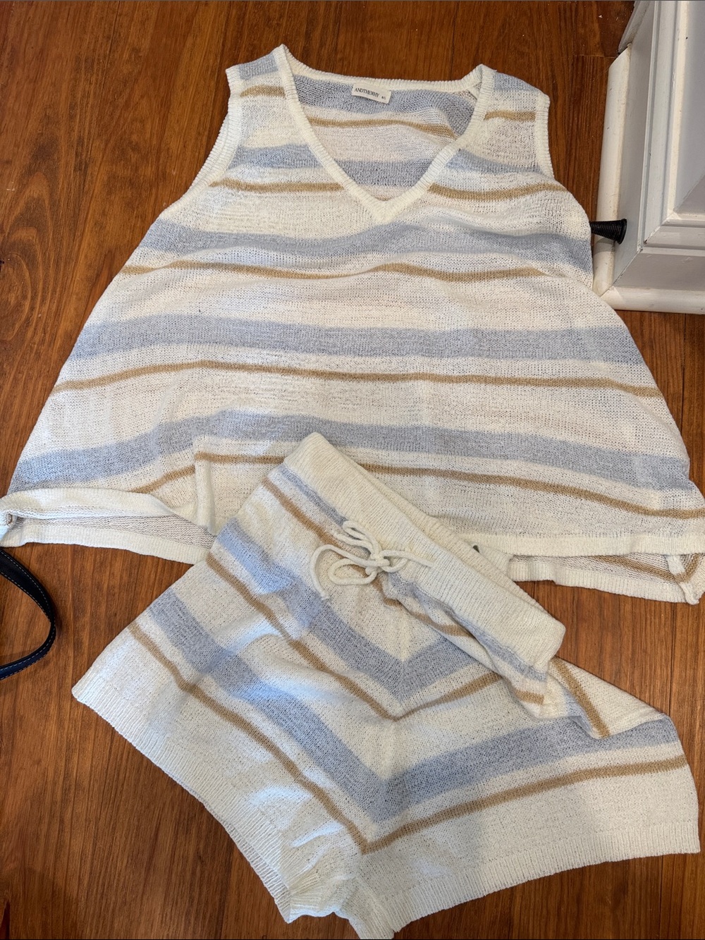 Striped Knit Two-Piece Lounge Set in Cream, Light Blue & Tan
